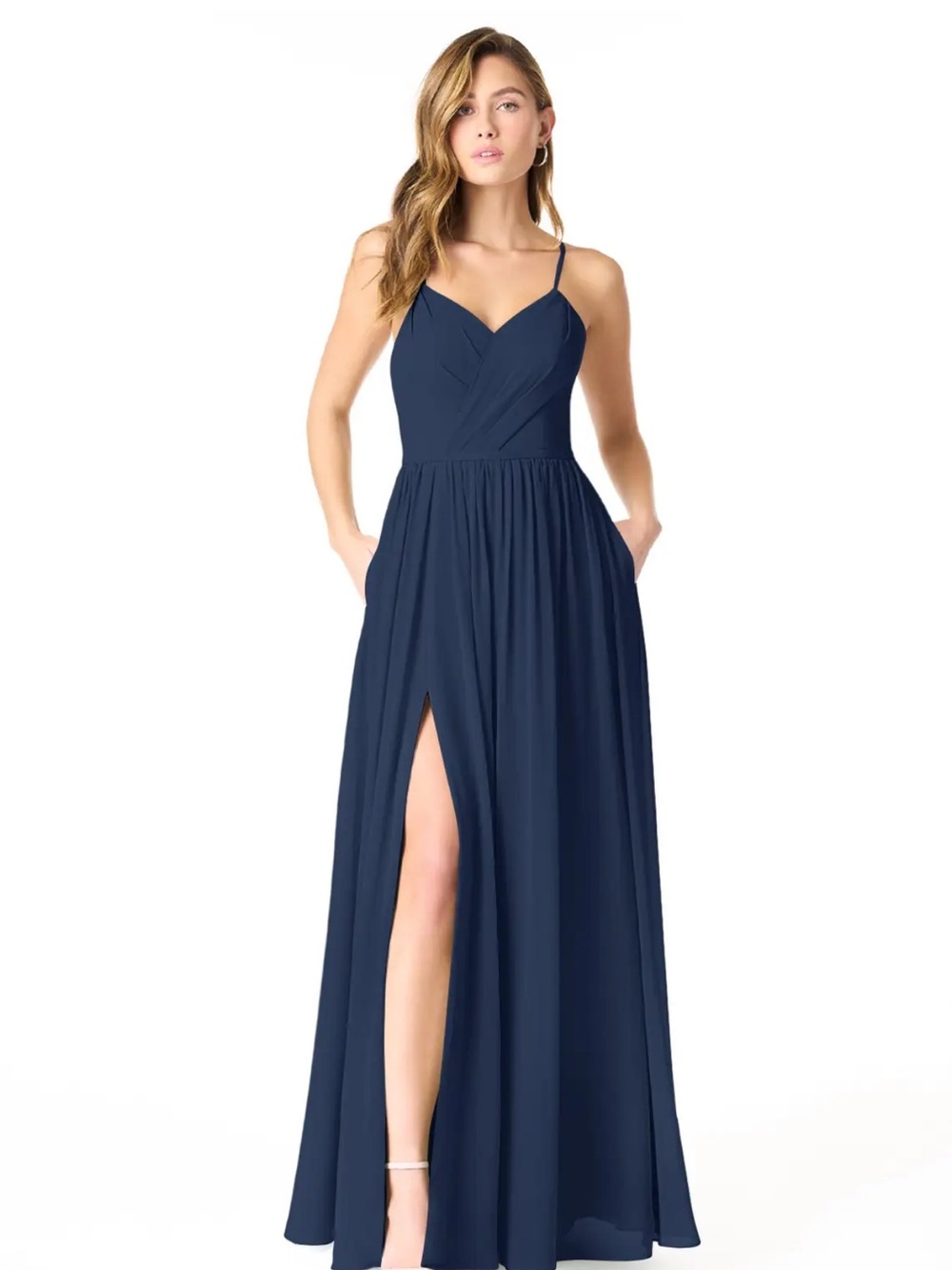 Azazie Cora Dark Navy Spaghetti-Strap Maxi Dress with Side Slit and V-Neck